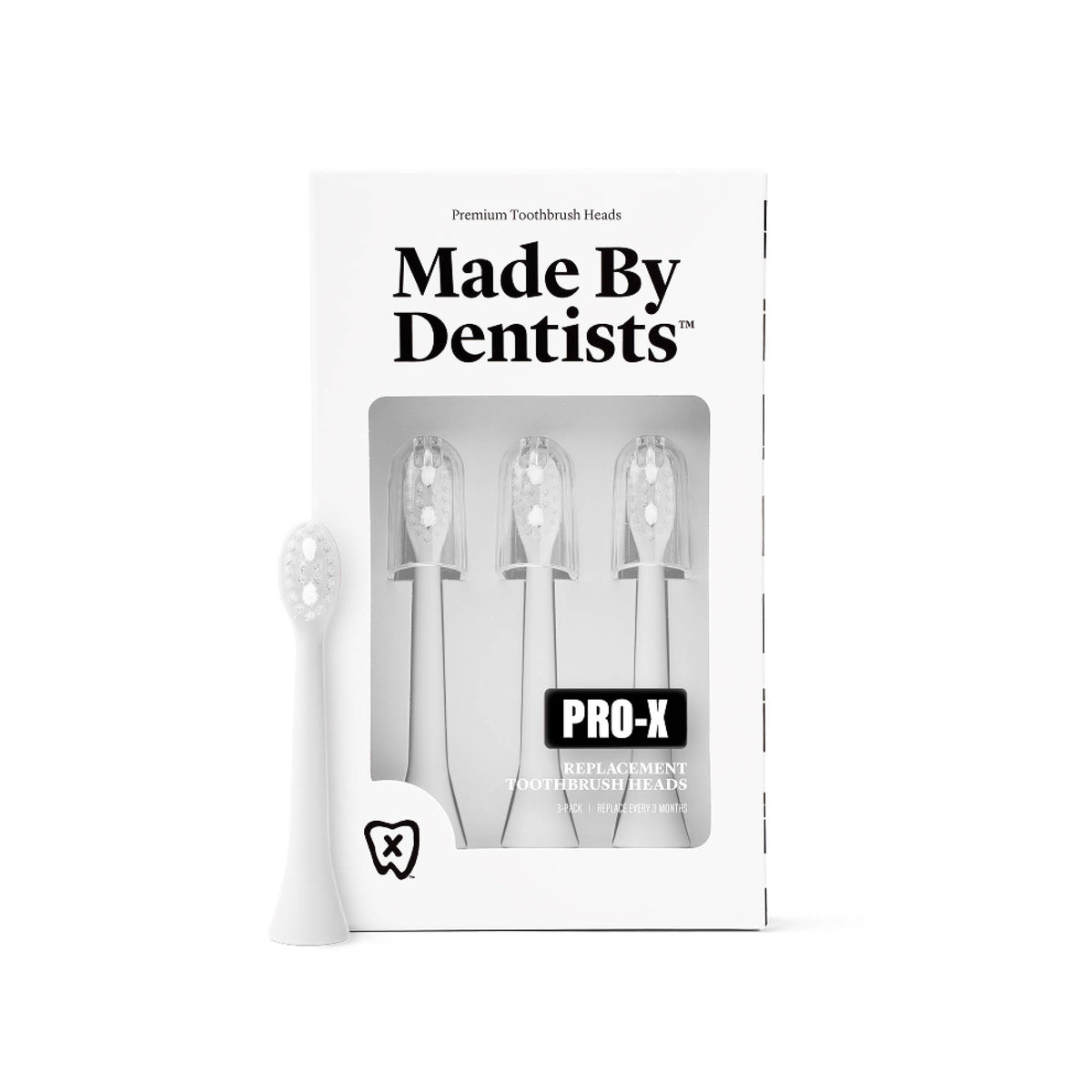 White PRO-X replacement brush head with box — 3-pack