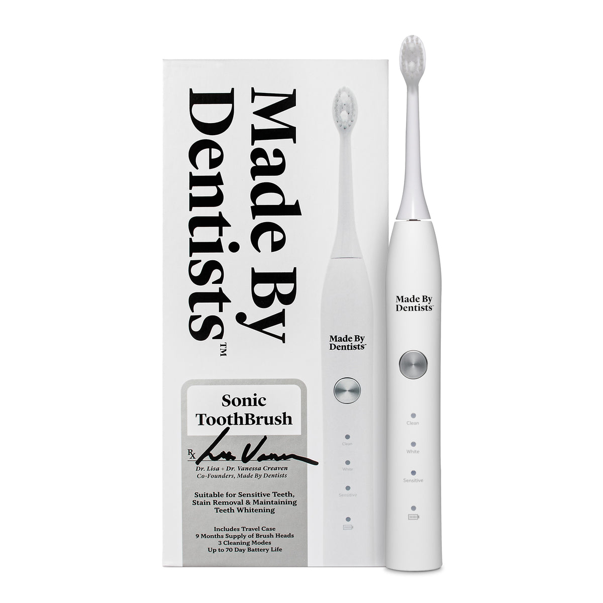 Sonic Toothbrush in white next to its box