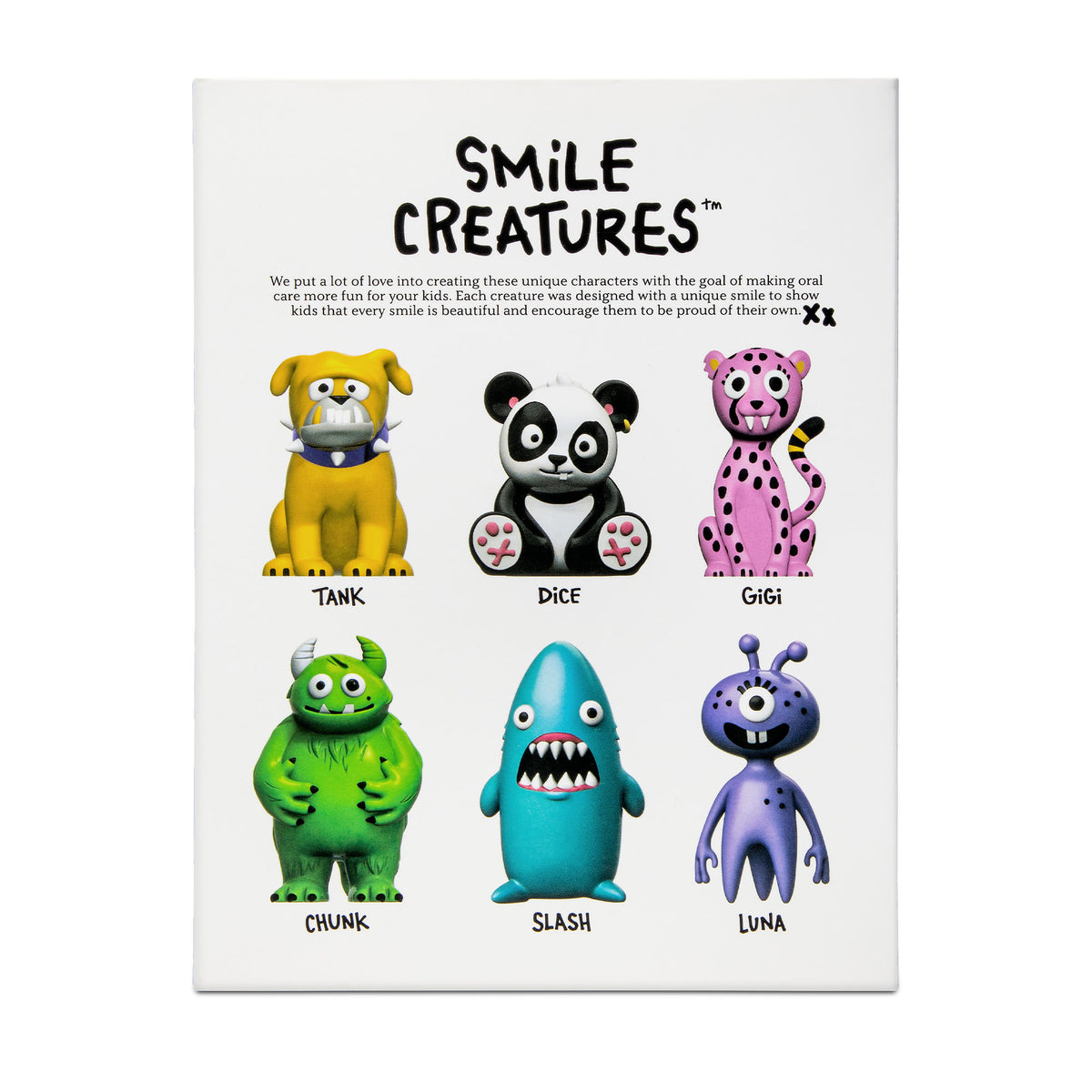 Back of the Smile Creatures box showing all six characters