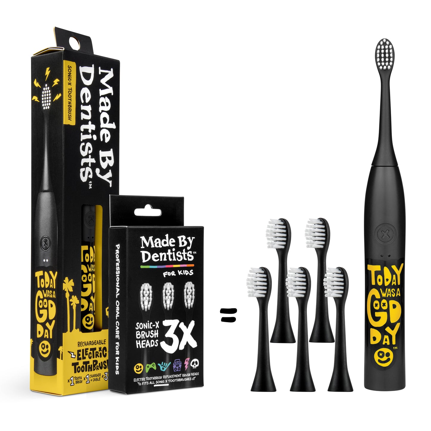 Made By Dentists Sonic X Electric Toothbrush – Rechargeable, 8X Plaque Removal, 2 Speed Modes, 2-Minute Timer, 6 Brush Heads Included, Today Was A Good Day Edition, Kids Sonic Toothbrush